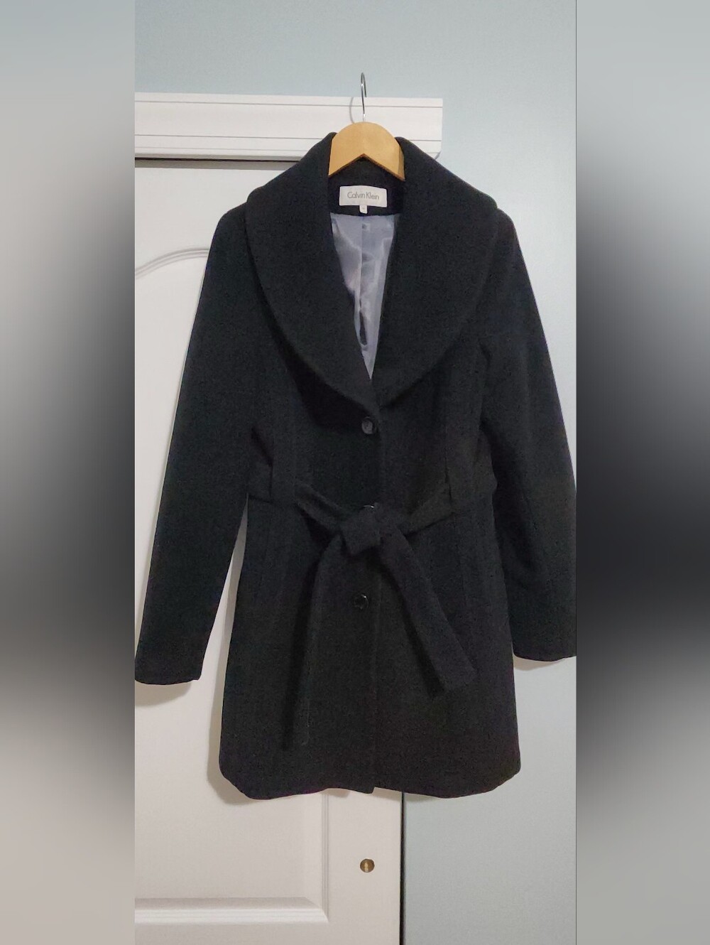 Calvin Klein Black Shawl Collar Belted Wool Trench Coat